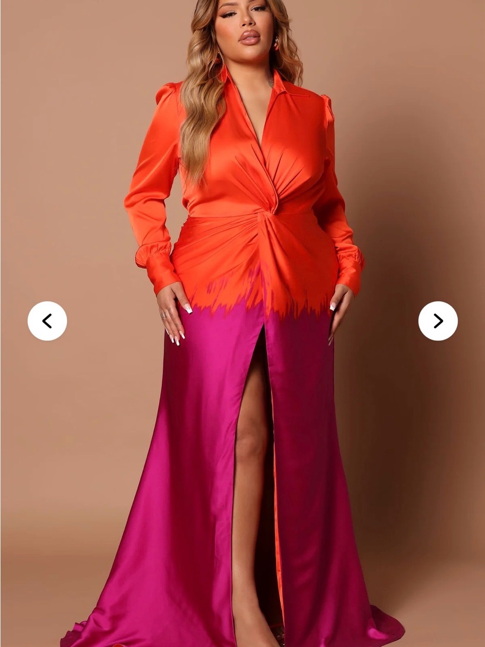 Fashion Nova Orange and Fuchsia Satin Twist-Waist Maxi Dress